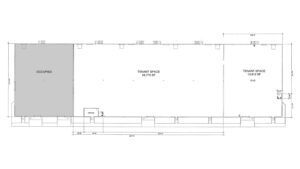 Floor plan showing an occupied left block and two tenant spaces (34,775 SF center; 13,812 SF right) with an office near the bottom edge.