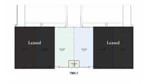 Floor plan of TMX-1: two large leased bays on the ends, with three central suites (two shown in light colors) and a small Fire & Electrical room at the center bottom.