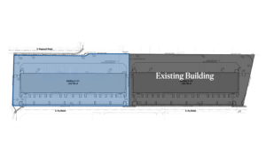 Site plan showing two building footprints side by side; left blue area is Building A-131, right gray area is Existing Building A-133.