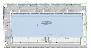 Site plan of a large blue building labeled New Building - A113 with loading docks along the south edge.