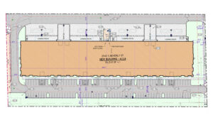 Site plan of a 70,519 SF building at 2543 S Beverly St (New Building A114) with loading docks along the north edge and surrounding parking lot.
