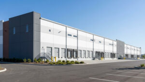 Modern industrial warehouse with loading docks and a wide, empty parking area under a clear blue sky