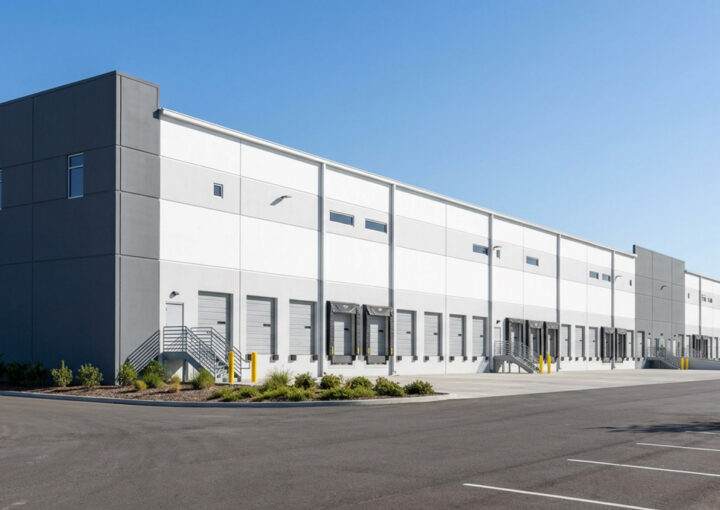 Modern industrial warehouse with loading docks and a wide, empty parking area under a clear blue sky