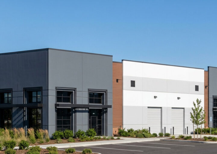 Modern commercial building exterior with gray and white panels, brown accents, and landscaped parking lot under a clear blue sky